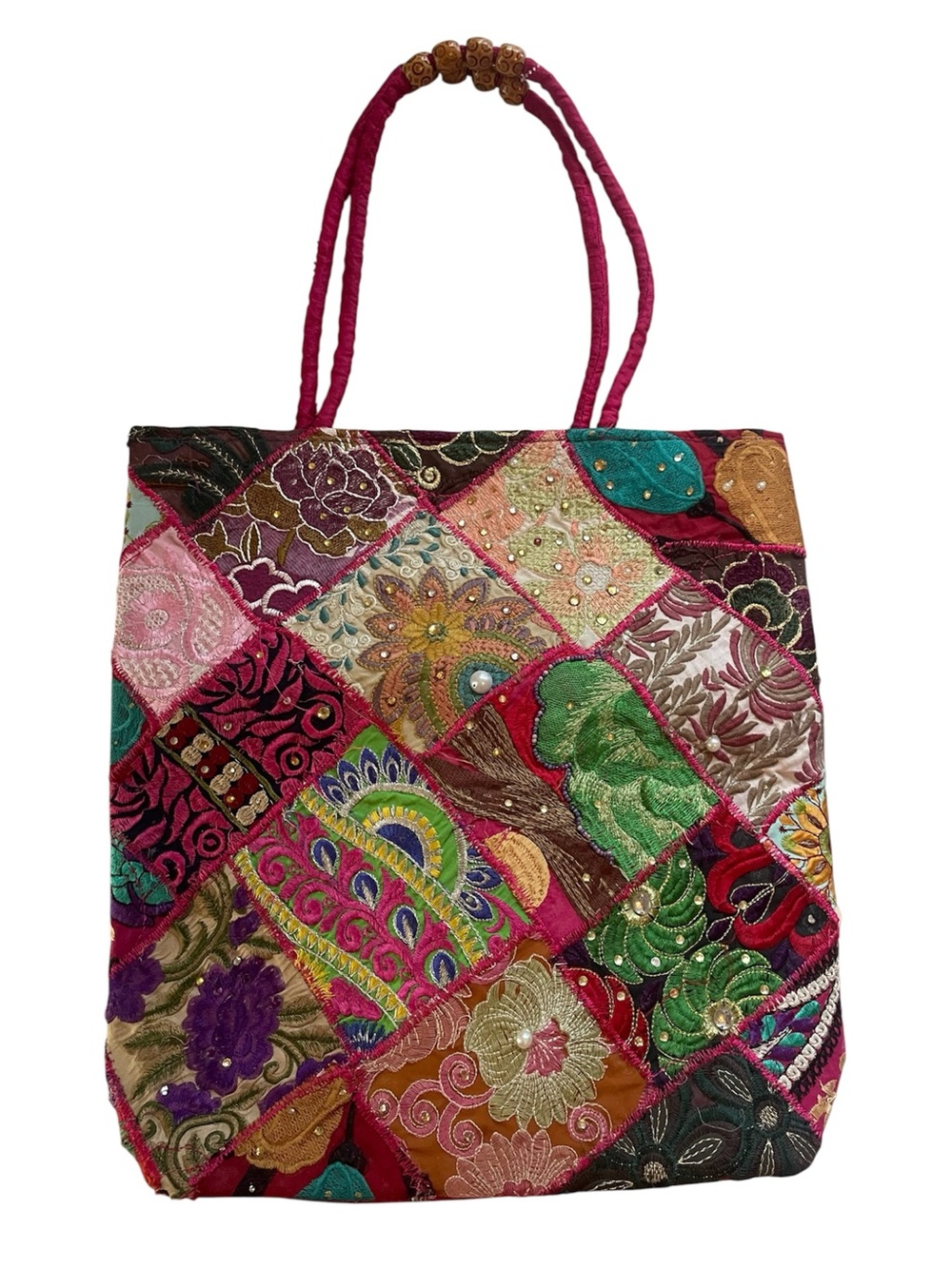 Vintage Handmade Patchwork Embroidered Beaded Boho Large Tote Bag